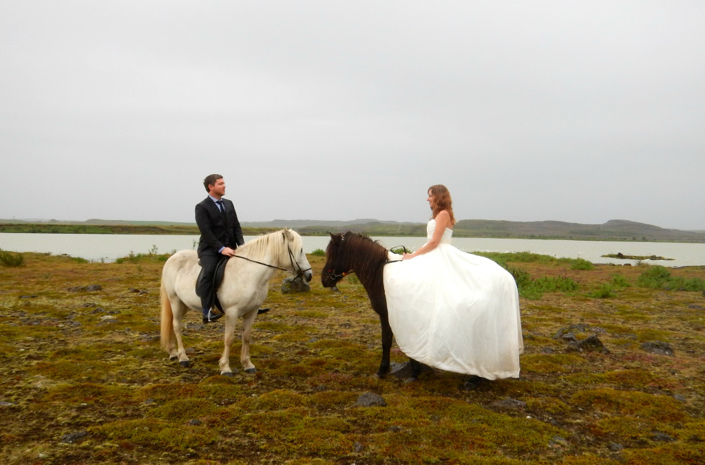 Horseback riding in a wedding dress